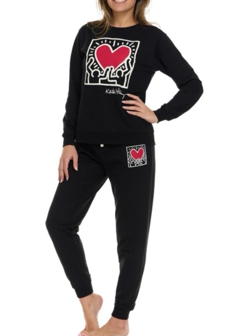 Keith Haring Black Women's Jogger Set with Red Heart Graphic